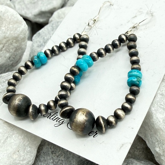 Sterling Silver Navajo Pearl Turquoise Dangle Earrings 2” Southwest Style - Picture 7 of 11